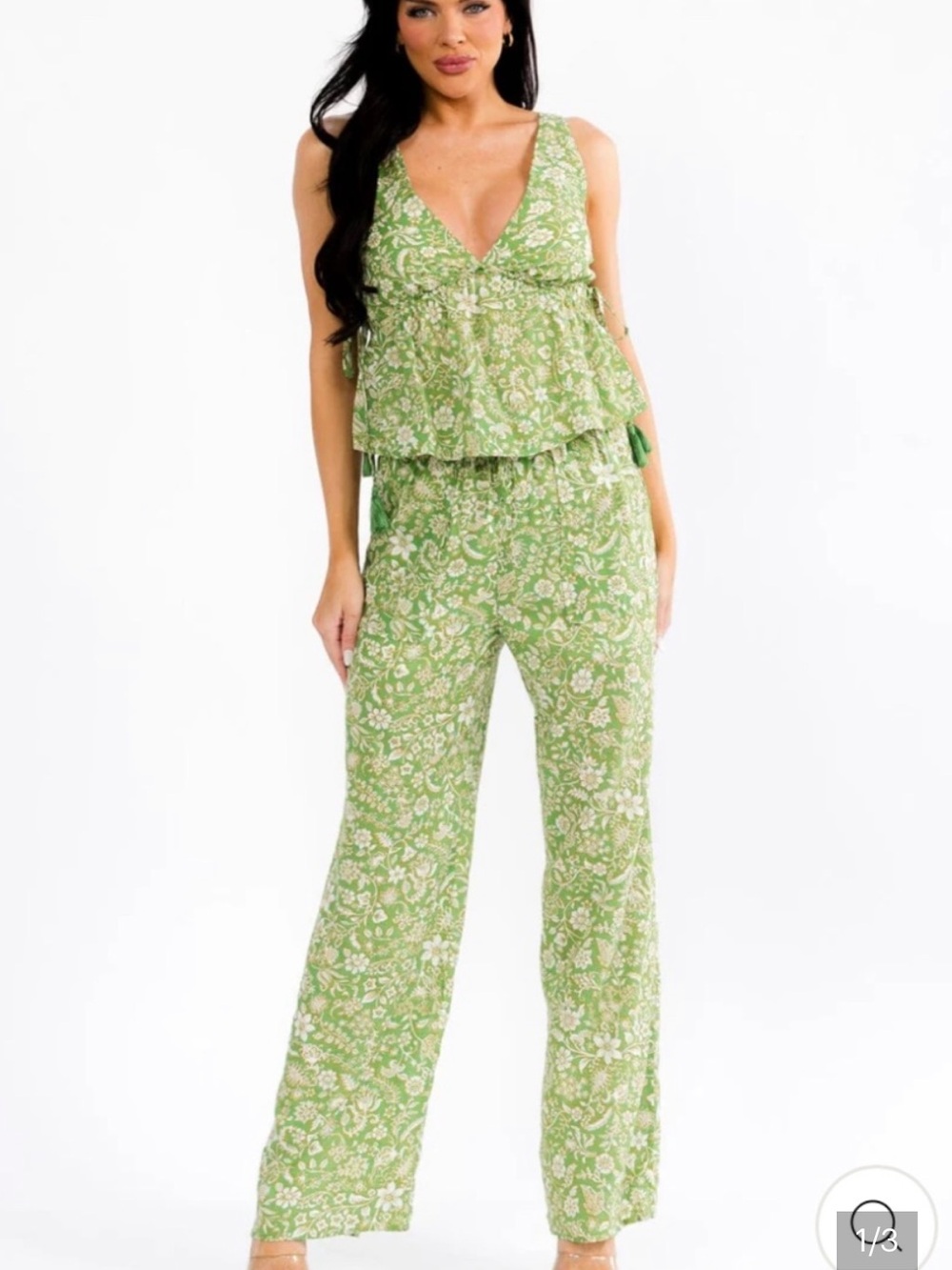 NEW 2 PIECE SET Light Green Floral Wide-Leg Pants & Cami Top
